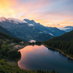 A serene mountain landscape at sunrise, with a small lake reflecting the colorful sky