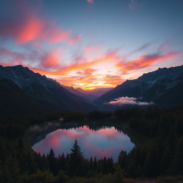 A serene mountain landscape at sunrise, with a small lake reflecting the colorful sky