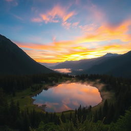 A serene mountain landscape at sunrise, with a small lake reflecting the colorful sky