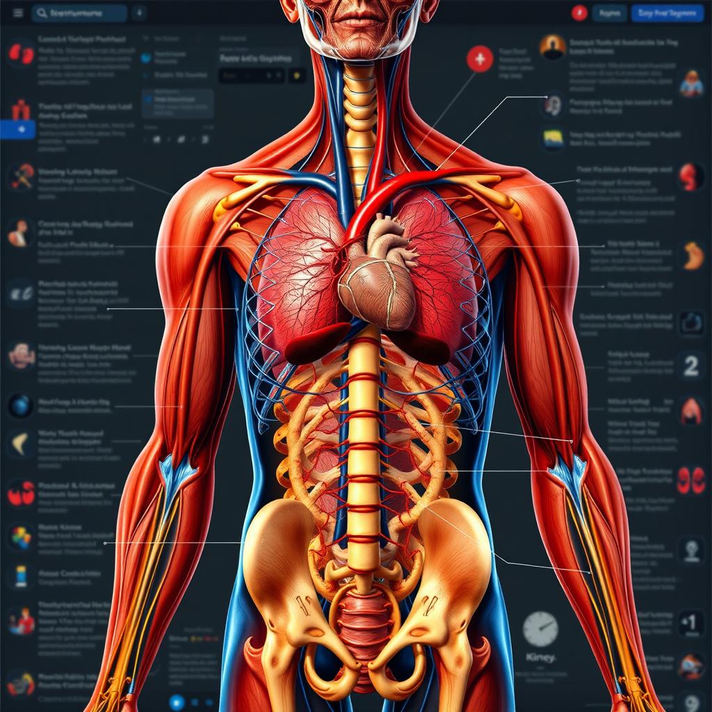 A detailed, full-screen exploration of the human body, showcasing its physiology in an educational manner