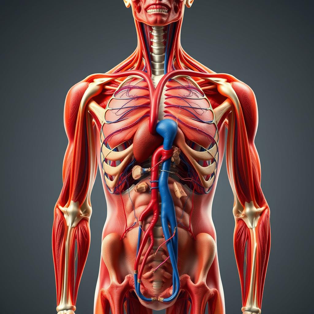 A highly detailed and full-screen depiction of the human body, showcasing its intricate physiology