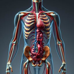 A highly detailed and full-screen depiction of the human body, showcasing its intricate physiology