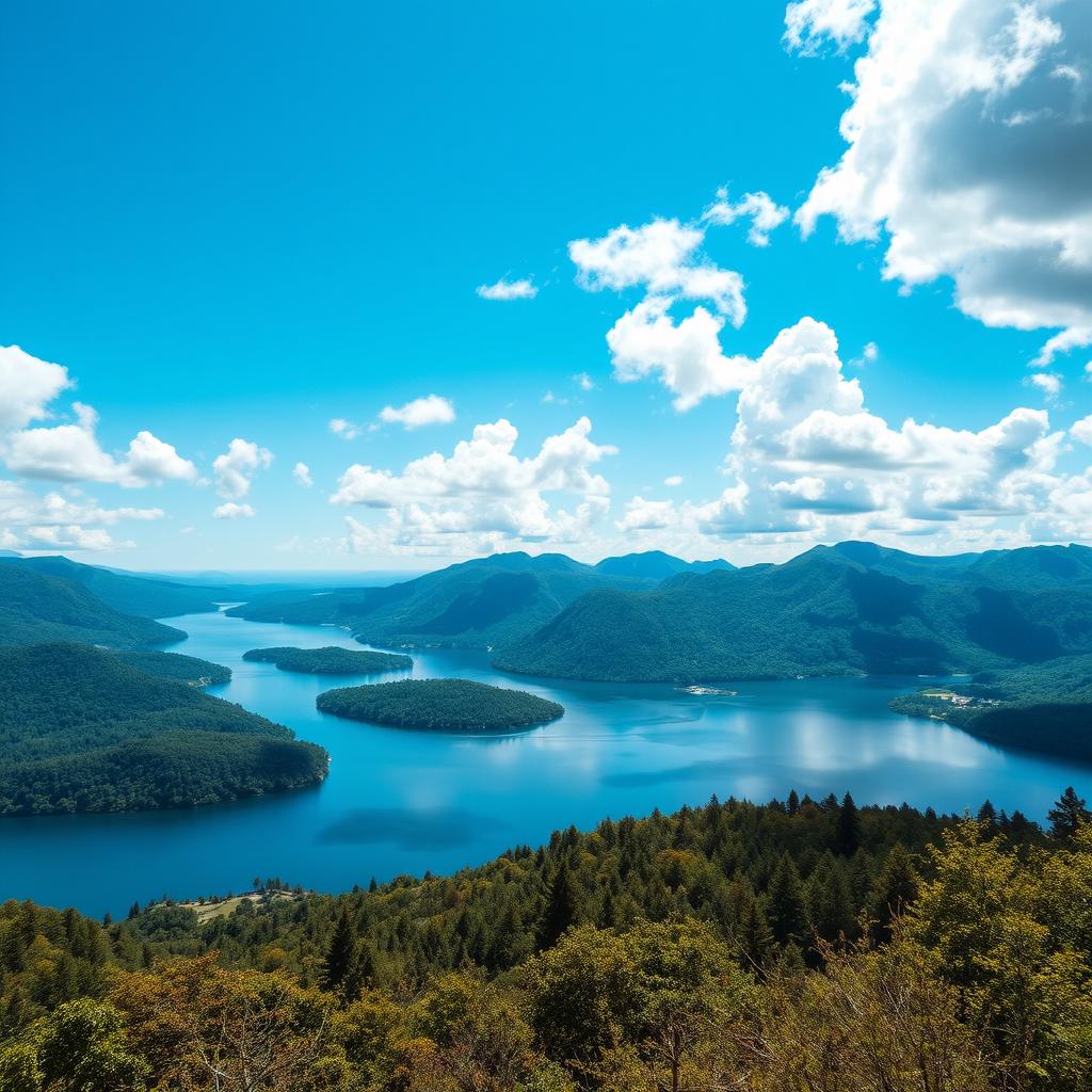 a stunning view of a tranquil lake surrounded by lush greenery and mountains under a bright blue sky with fluffy white clouds reflecting on the water