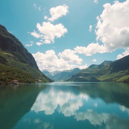 a stunning view of a tranquil lake surrounded by lush greenery and mountains under a bright blue sky with fluffy white clouds reflecting on the water