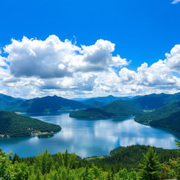 a stunning view of a tranquil lake surrounded by lush greenery and mountains under a bright blue sky with fluffy white clouds reflecting on the water