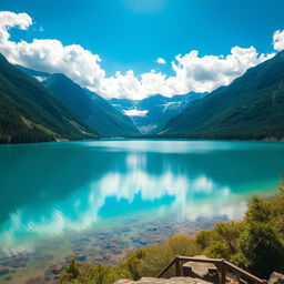 a stunning view of a tranquil lake surrounded by lush greenery and mountains under a bright blue sky with fluffy white clouds reflecting on the water