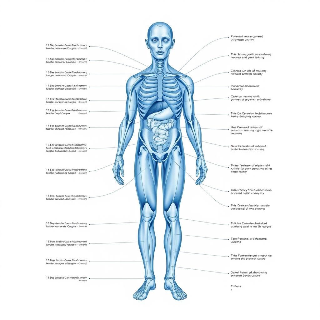 A full-body diagram of the human form in a blue-tinted medical garb, meticulously crafted for a medical textbook