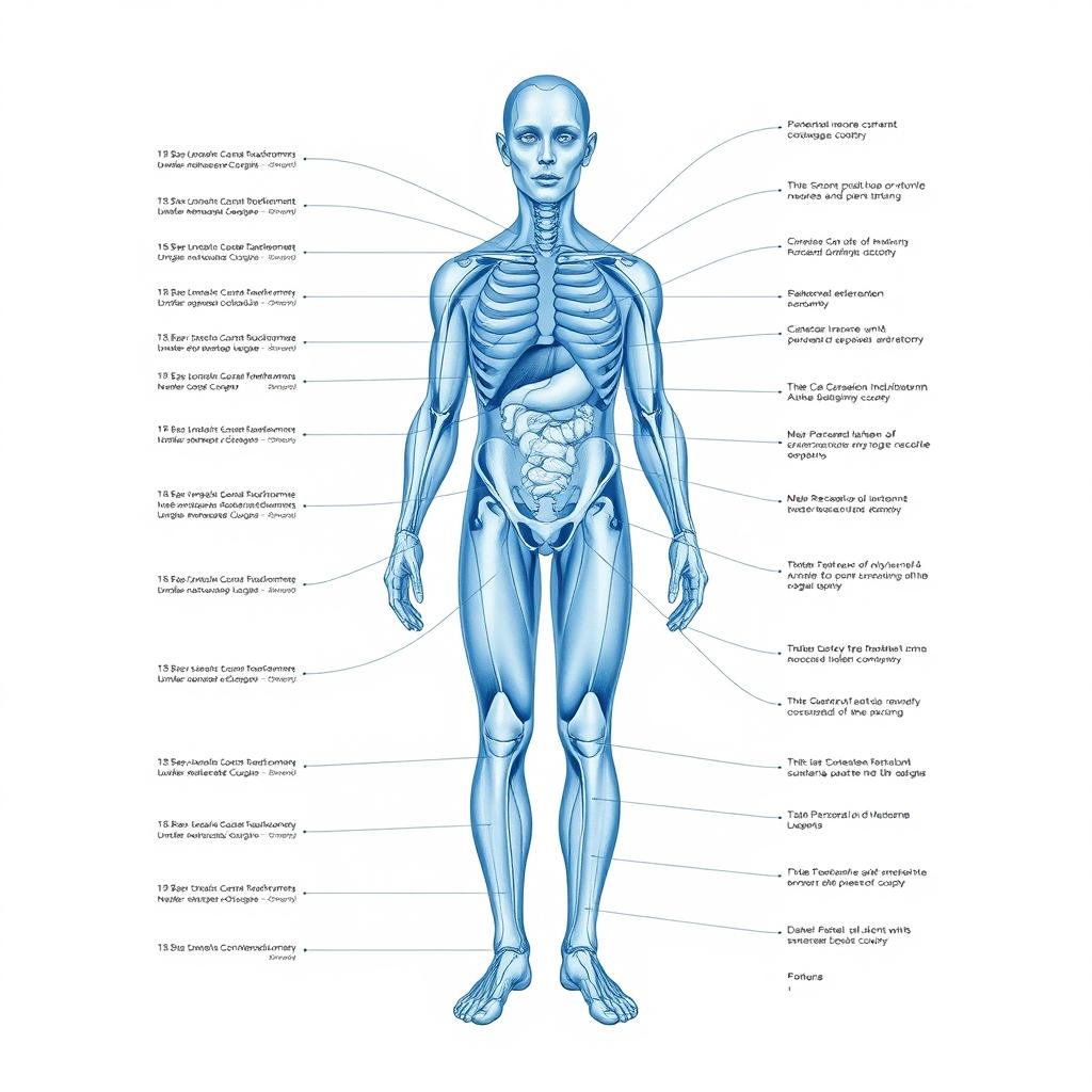 A full-body diagram of the human form in a blue-tinted medical garb, meticulously crafted for a medical textbook