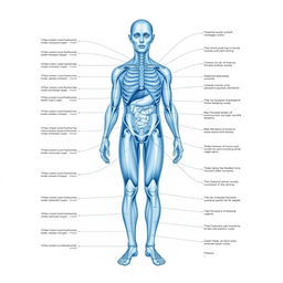 A full-body diagram of the human form in a blue-tinted medical garb, meticulously crafted for a medical textbook