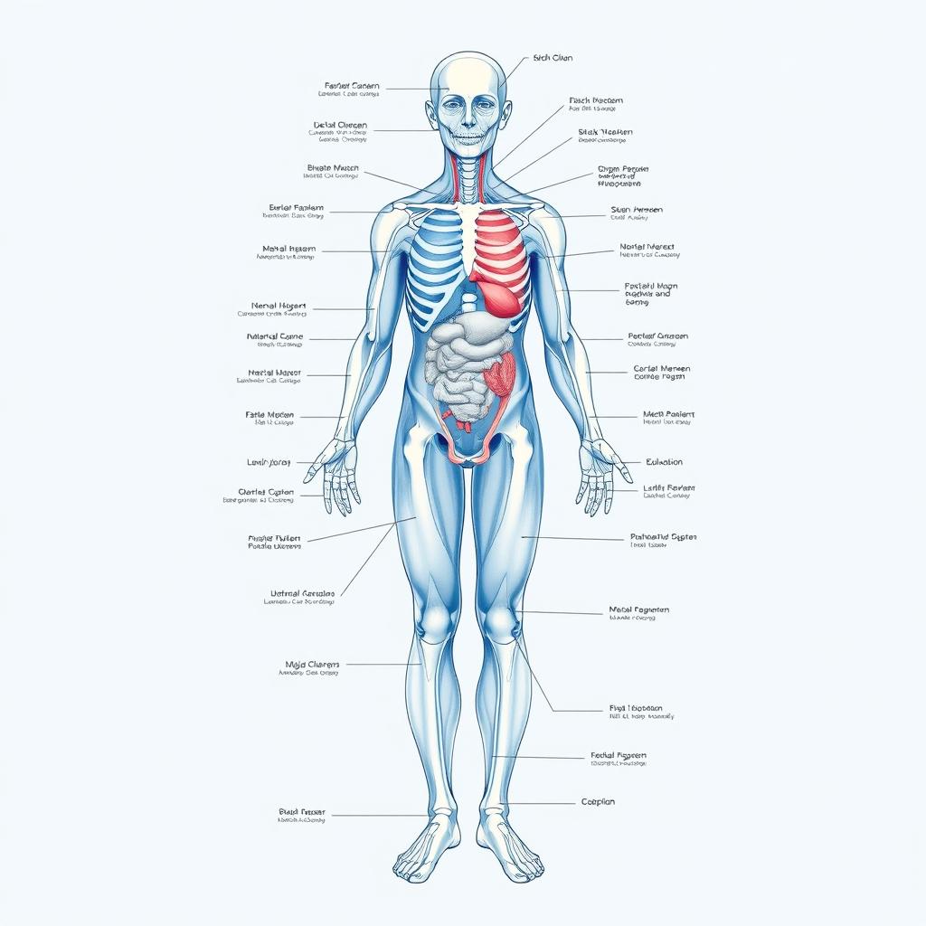 A full-body diagram of the human form in a blue-tinted medical garb, meticulously crafted for a medical textbook