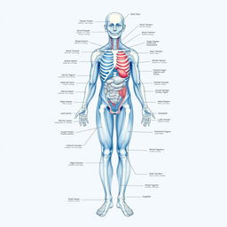 A full-body diagram of the human form in a blue-tinted medical garb, meticulously crafted for a medical textbook