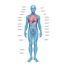 A full-body diagram of the human form in a blue-tinted medical garb, meticulously crafted for a medical textbook