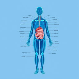 A full-body diagram of the human form in a blue-tinted medical garb, meticulously crafted for a medical textbook