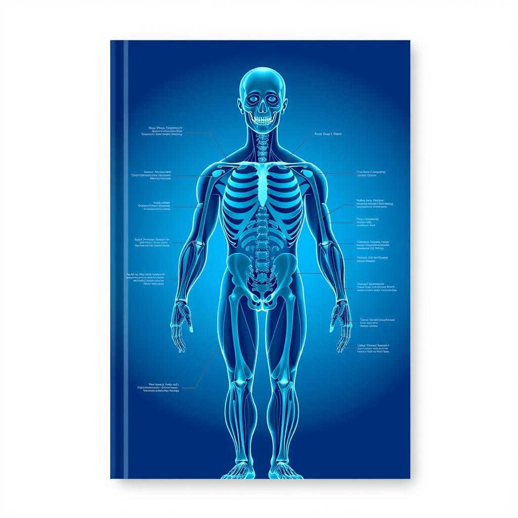 A striking cover design for a medical book, featuring a full human body illustration in a blue-tinted medical chap