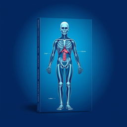 A striking cover design for a medical book, featuring a full human body illustration in a blue-tinted medical chap