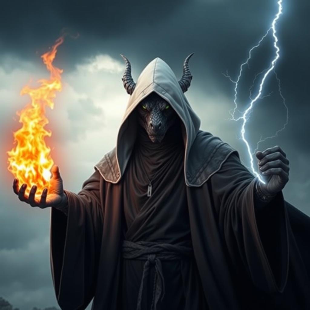 A black dragon man wearing black robes with a white hood, exuding an aura of power and mysticism