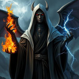 A black dragon man wearing black robes with a white hood, exuding an aura of power and mysticism