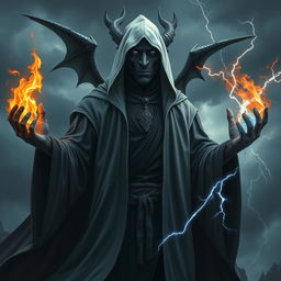 A black dragon man wearing black robes with a white hood, exuding an aura of power and mysticism