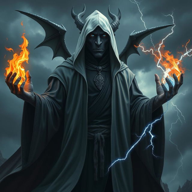 A black dragon man wearing black robes with a white hood, exuding an aura of power and mysticism