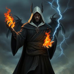 A black dragon man wearing black robes with a white hood, exuding an aura of power and mysticism