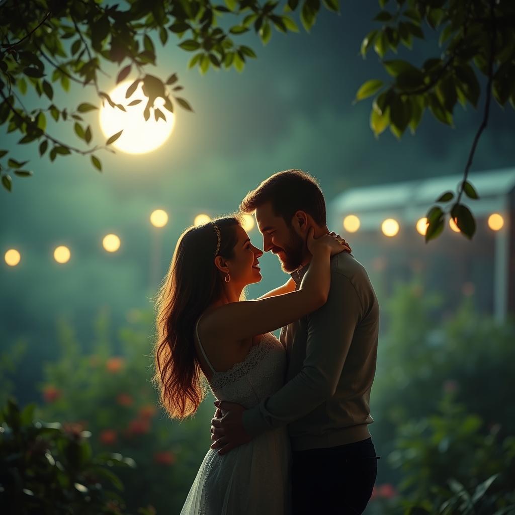 Intimate romantic couple embracing under the moonlight in a serene garden, with gentle caresses and a warm, loving gaze between them