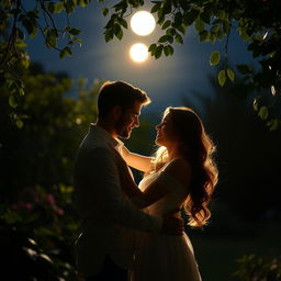 Intimate romantic couple embracing under the moonlight in a serene garden, with gentle caresses and a warm, loving gaze between them