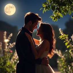 Intimate romantic couple embracing under the moonlight in a serene garden, with gentle caresses and a warm, loving gaze between them