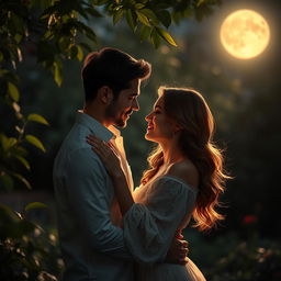 Intimate romantic couple embracing under the moonlight in a serene garden, with gentle caresses and a warm, loving gaze between them