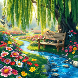 A whimsical garden scene featuring colorful flowers in full bloom, a gentle stream flowing through, with butterflies flitting around, and a wooden bench placed under a large willow tree