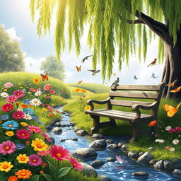 A whimsical garden scene featuring colorful flowers in full bloom, a gentle stream flowing through, with butterflies flitting around, and a wooden bench placed under a large willow tree