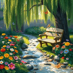 A whimsical garden scene featuring colorful flowers in full bloom, a gentle stream flowing through, with butterflies flitting around, and a wooden bench placed under a large willow tree