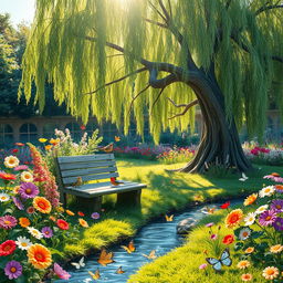 A whimsical garden scene featuring colorful flowers in full bloom, a gentle stream flowing through, with butterflies flitting around, and a wooden bench placed under a large willow tree