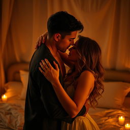 A passionate and intimate scene featuring a couple embraced in a warm and alluring atmosphere, with gentle candlelight casting a soft glow over their skin