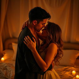 A passionate and intimate scene featuring a couple embraced in a warm and alluring atmosphere, with gentle candlelight casting a soft glow over their skin