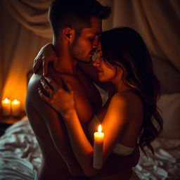 A passionate and intimate scene featuring a couple embraced in a warm and alluring atmosphere, with gentle candlelight casting a soft glow over their skin