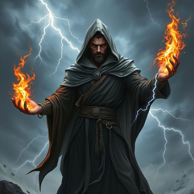 A black dragonborn wearing black robes with a white hood, exuding power and mysticism