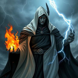 A black dragonborn wearing black robes with a white hood, exuding power and mysticism