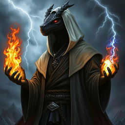 A black dragonborn wearing black robes with a white hood, exuding power and mysticism