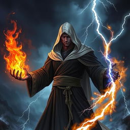 A black dragonborn wearing black robes with a white hood, exuding power and mysticism