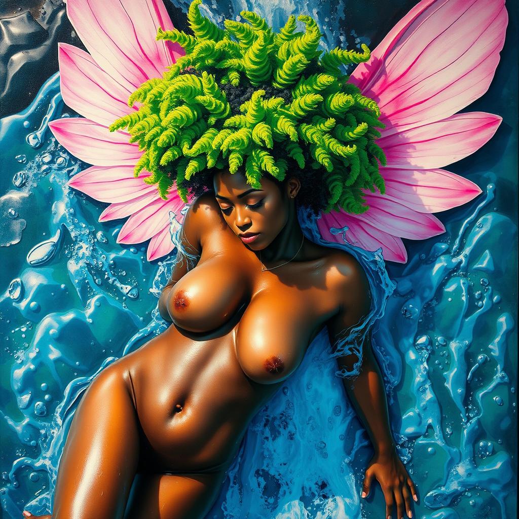 A polished, oil-based painting depicting a full nude, wet body aerial view of a gorgeous black woman with a bright green tree afro and pink wings