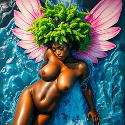 A polished, oil-based painting depicting a full nude, wet body aerial view of a gorgeous black woman with a bright green tree afro and pink wings