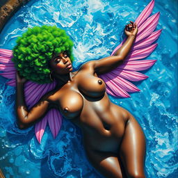 A polished, oil-based painting depicting a full nude, wet body aerial view of a gorgeous black woman with a bright green tree afro and pink wings