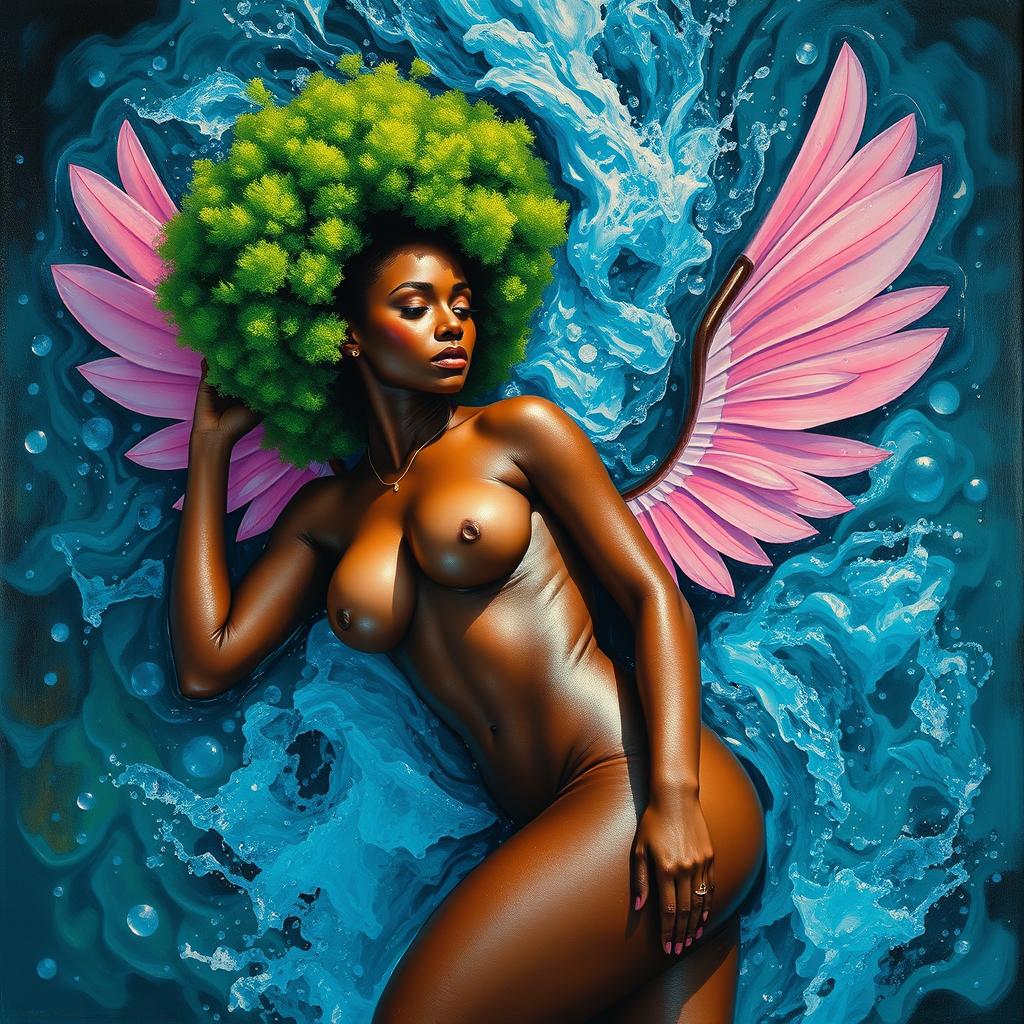 A polished, oil-based painting depicting a full nude, wet body aerial view of a gorgeous black woman with a bright green tree afro and pink wings