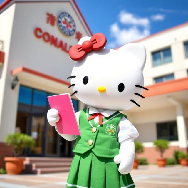 Hello Kitty wearing a traditional Conalep uniform, which includes a white blouse, green skirt, and a matching green vest with an emblem