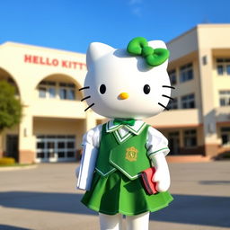 Hello Kitty wearing a traditional Conalep uniform, which includes a white blouse, green skirt, and a matching green vest with an emblem