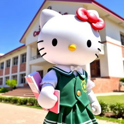 Hello Kitty wearing a traditional Conalep uniform, which includes a white blouse, green skirt, and a matching green vest with an emblem