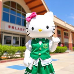 Hello Kitty wearing a traditional Conalep uniform, which includes a white blouse, green skirt, and a matching green vest with an emblem