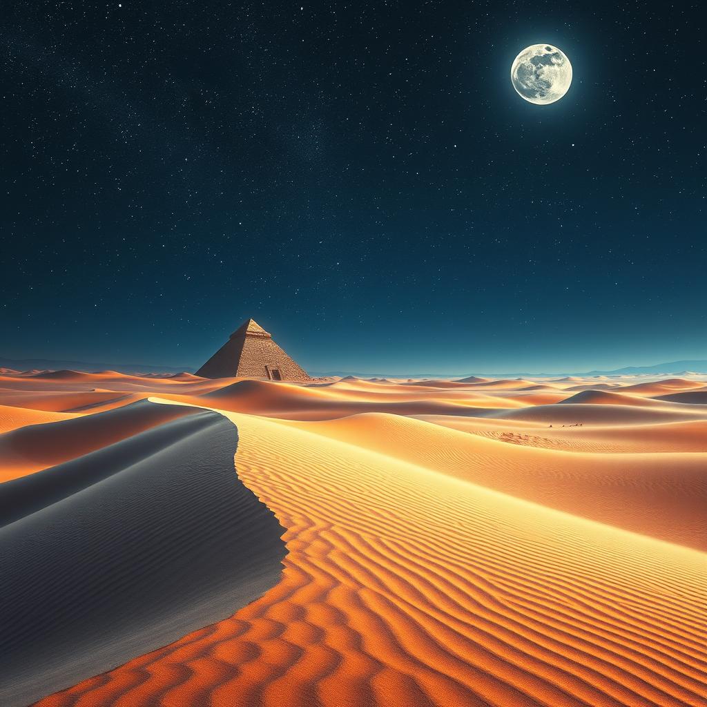 A vibrant and surreal landscape depicting a timeless desert with sand dunes stretching as far as the eye can see, under a starry night sky