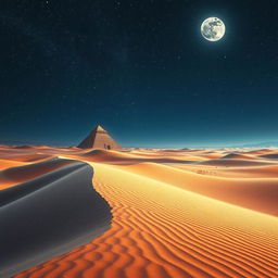 A vibrant and surreal landscape depicting a timeless desert with sand dunes stretching as far as the eye can see, under a starry night sky