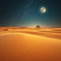 A vibrant and surreal landscape depicting a timeless desert with sand dunes stretching as far as the eye can see, under a starry night sky